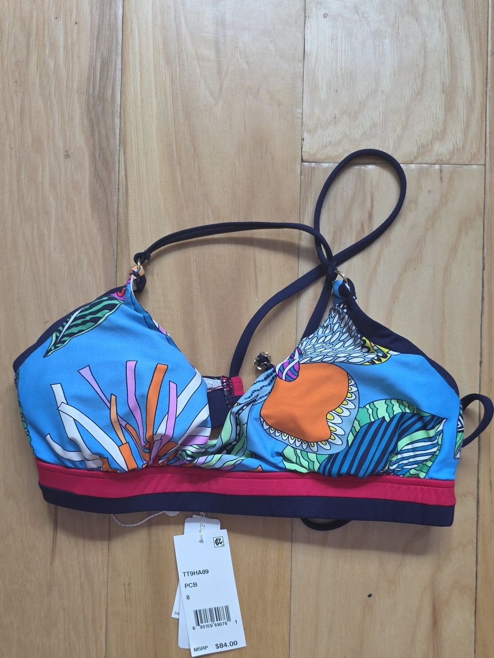Women’s Trina Turk Blue Print Bikini Top with Red Trim